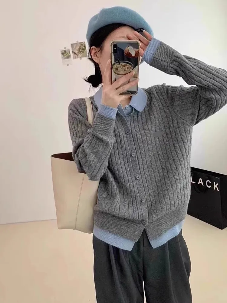 

Loose Women's Knitted Sweater Collar Twist Knitwear Autumn Winter Outerwear Fake Two-Piece Open Cardigan Base irt