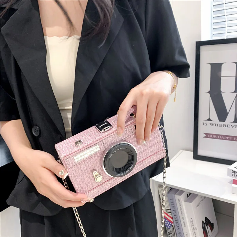 Chic Pink Camera Design Fashion Chains Women Shoulder Bags Funny Box Messenge Bag Luxury Pu Leather Crossbody Bag Ladies Purses