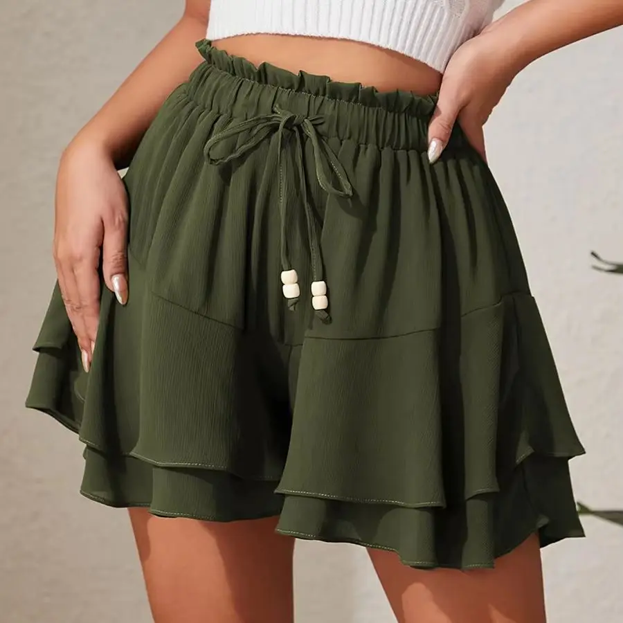 Double Layered Skirt Pants with Pleated Edges Elastic Waist Adjustable Drawstring Sports Anti-Light Casual Skirt Pants юбка
