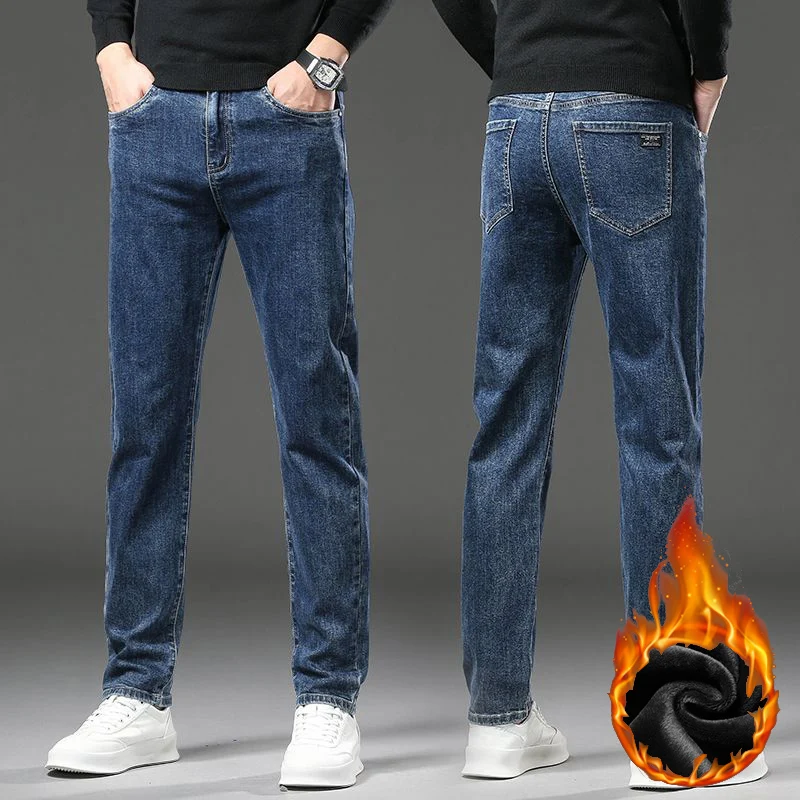 2025 Winter Warm Men's Fleece Thick  Pants Business Stretch Slim Fit Denim Pants Classic Casual Black Gray Blue Trousers