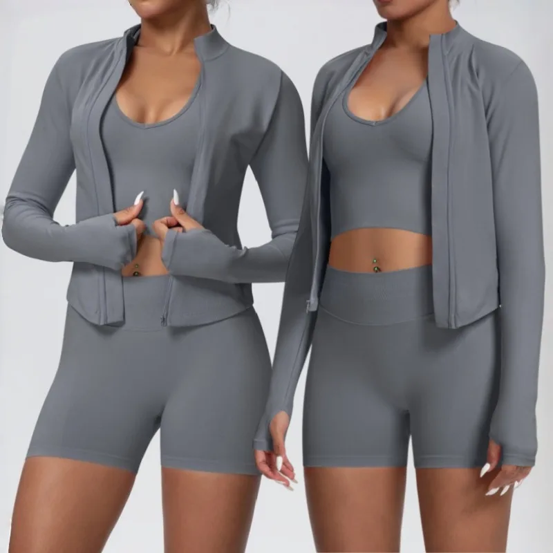 

Женский однотонный бесшовный трикотажный комплект для йоги, скоростной сушки для похудения, подтяжки бедер, комплект из 3 предметов для занятий спортом на открытом воздухе, для отдыха и фитнеса