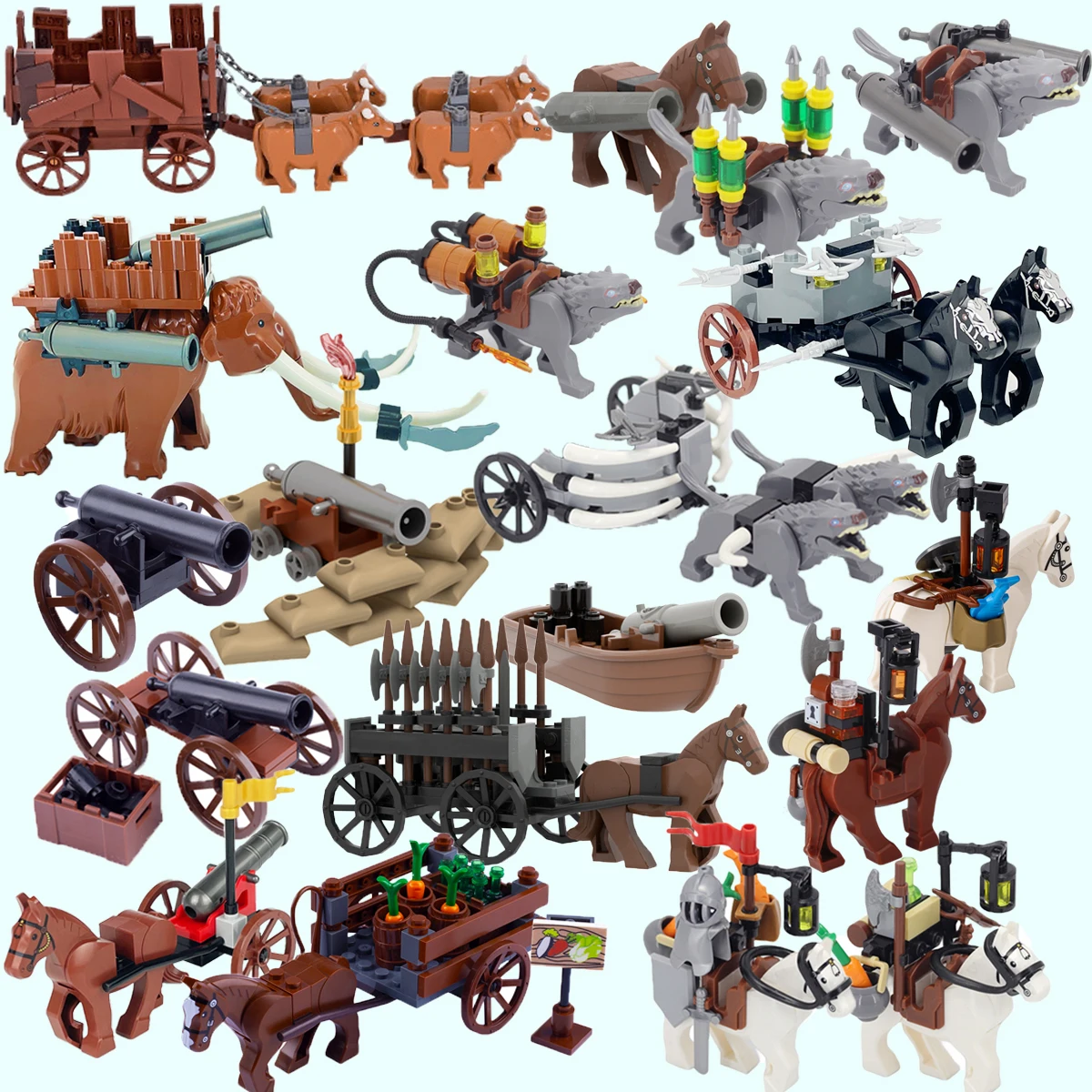 MOC Medieval Military Carriage Carriage Chariot Knight Transport Carriage Weapons Figures Vegetable Wood Bricks Children's Toys