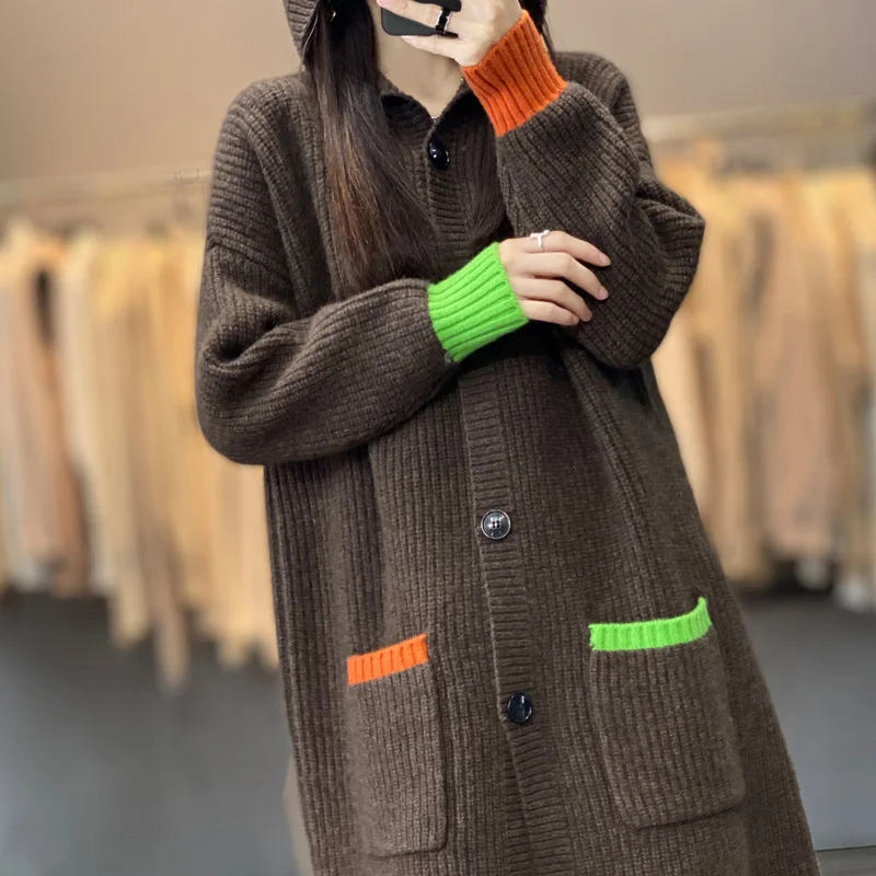 2023 Autumn And Winter New Woolen Sweater Women's Hooded Long Sleeve 100% Pure Wool Mid Length Fashion Splice Lazy Knitted Coat