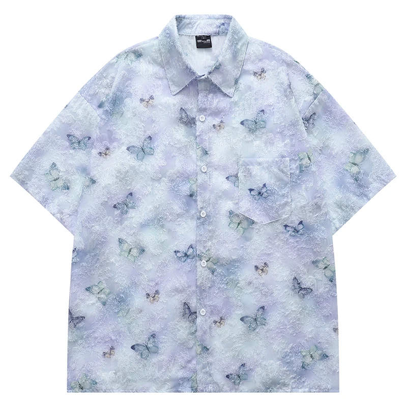 

Summer Men Short Sleeve Shirts Hip Hop Jacquard Fabric Butterfly Graphic Blouses Harajuku Streetwear Casual Fashion Loose Shirts