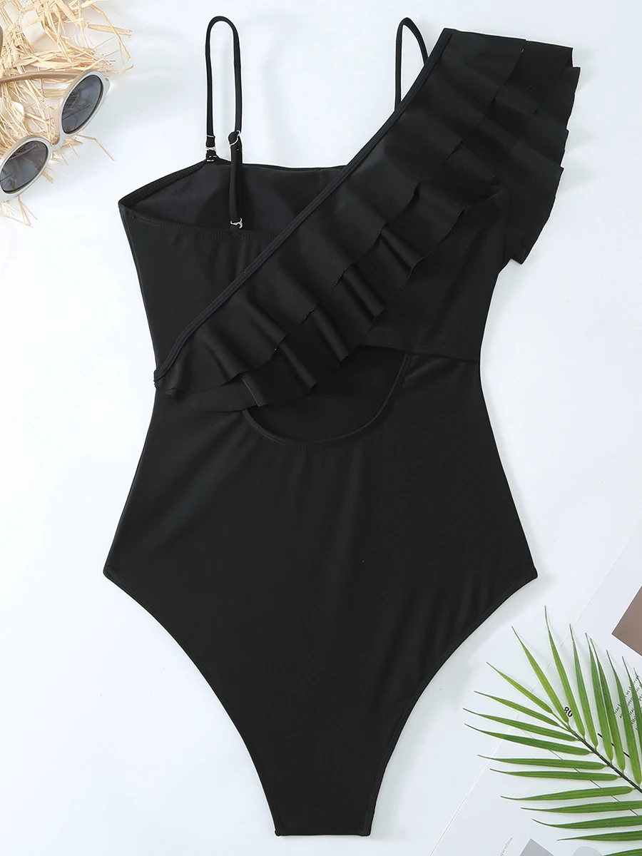 2024 One Shoulder Frill Solid Swimsuit Women One Piece Swimwear Female Beachwear Bathers Bathing Swimming Swim Suit