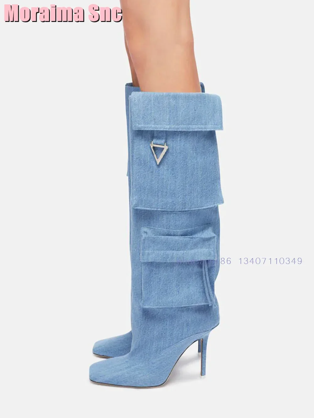 Denim Flap Pocket Embellished Knee-High Boots Square Toe Stiletto Heeled Sexy Fashion Women\'s Long Boots Slip On Autumn Winter