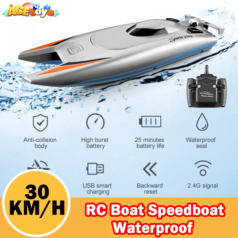 RC Boat 30KM/H Speedboat4CH High Speed Remote Control Ship Boat 2.4G Rowing Waterproof Capsize Reset Racing Boat Toys Boys Gifts