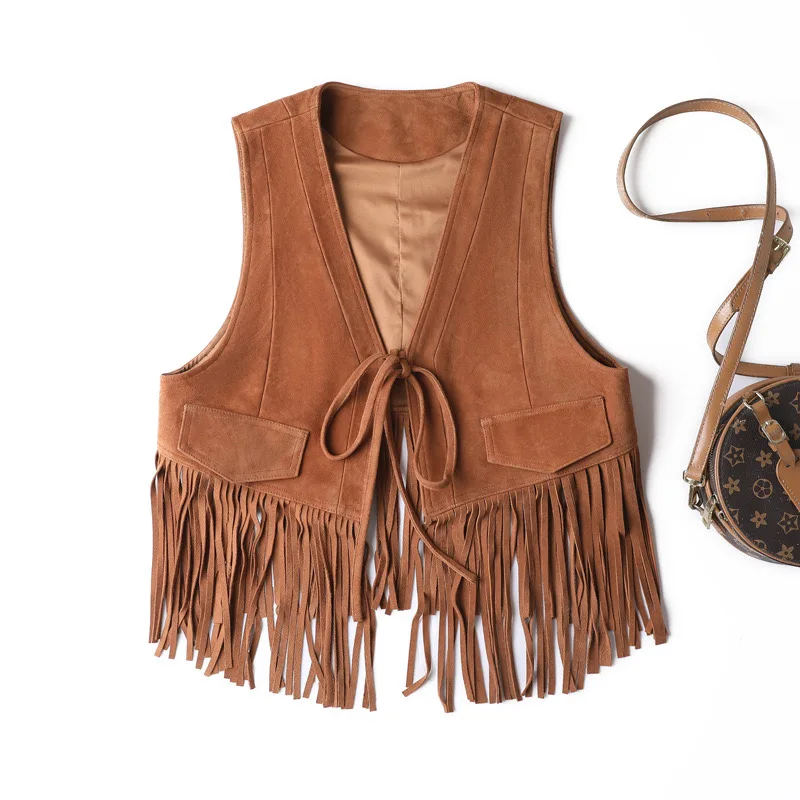 

Retro Suede Tassel Vest For Women Genuine Leather Western Cowboy Style Deep V-neck Waistcoat Chic Tie Gilet