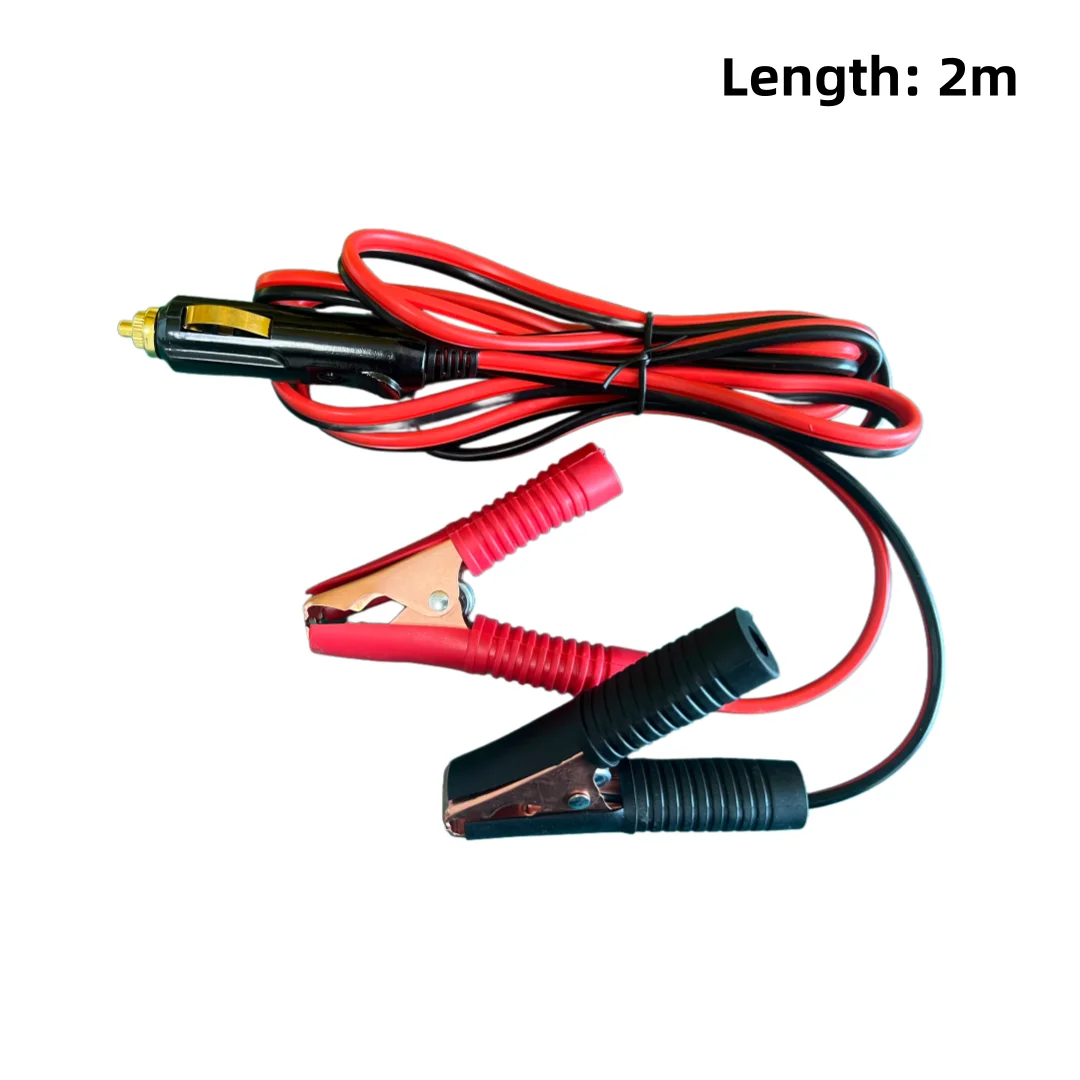 Car cigarette lighter power adapter with LED light, crocodile clips, 15A fuse, universal for 12V/24V, 2m length.