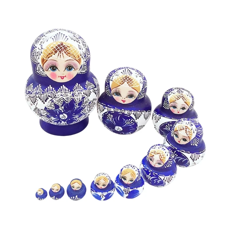 Muñeca rusa apilable, 10 Uds., artesanías, muñeca Matryoshka madera, juguete con patrón tradicional porcelana azul y 15UB