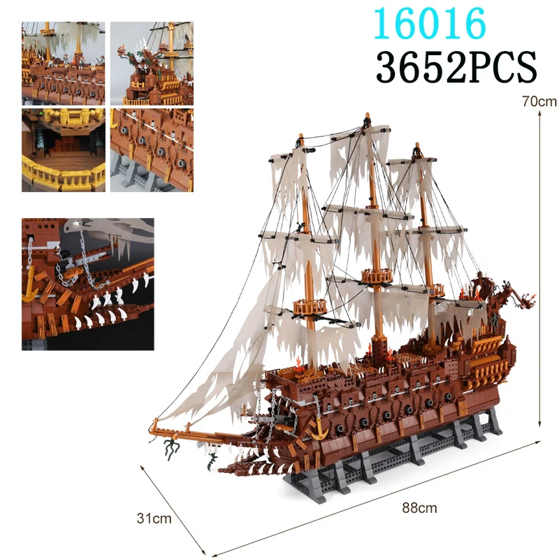 3652PCS+ Man Flying Dutchman Dutch Shipbuilder 16016 Pirate Movie Caribbean Set Bricks Brick Model Ship Toys  DIY Birthday Gift