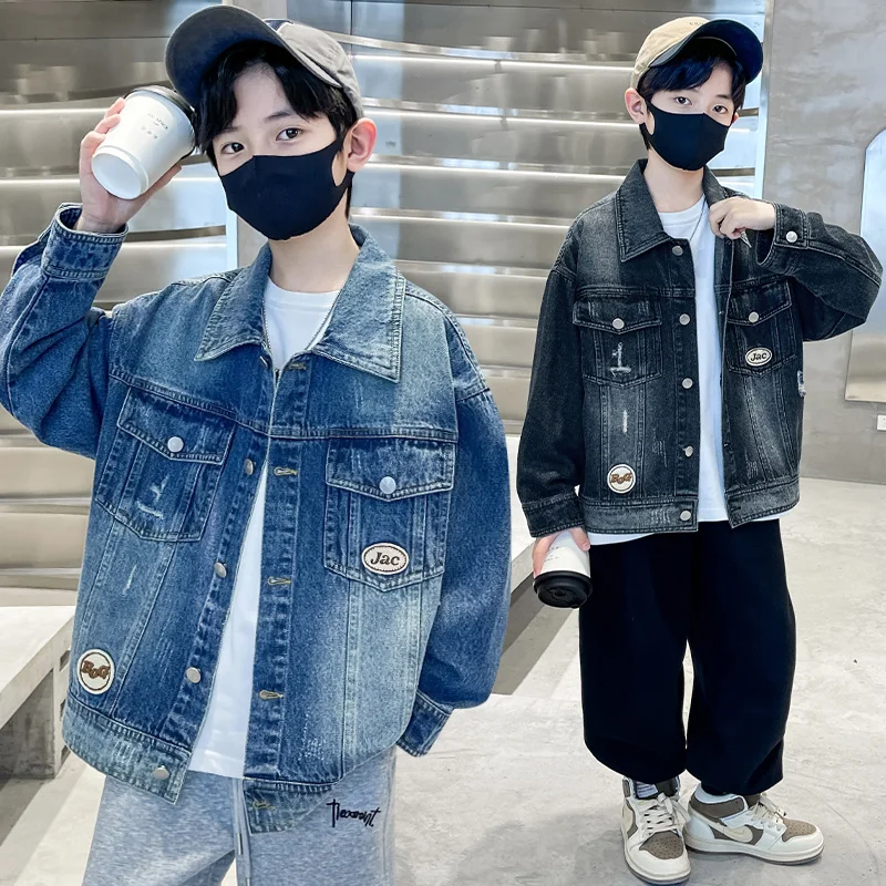 

2024 Kids Boys Jean Jacket Fashion Black Blue Letter Denim Coats Children Clothing Spring Autumn Baby Outerwear XY-276