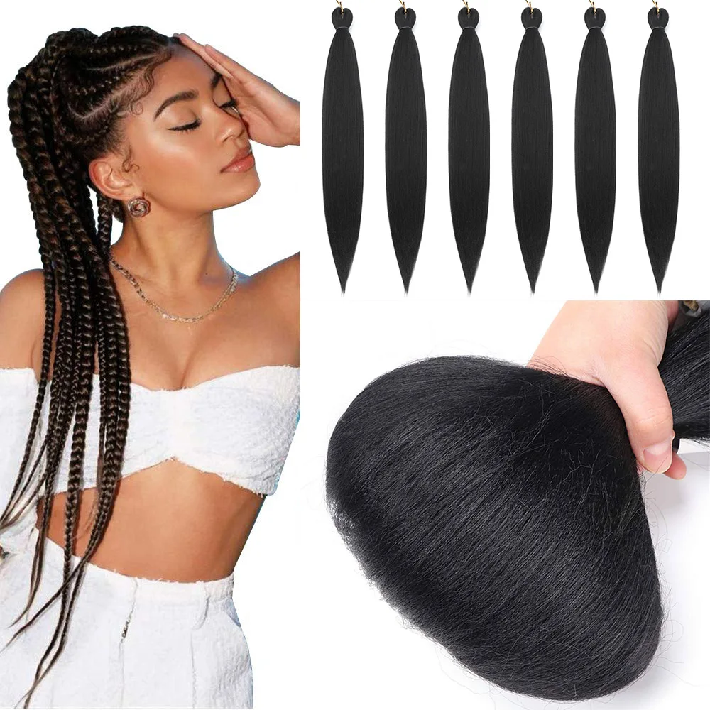 

Pre Stretched Braiding Hair 24 Inch 6 Packs Natural Black Professional Braiding Hair for Braids Soft Yaki Texture Hot Water Setting Synthetic Hair Extensions