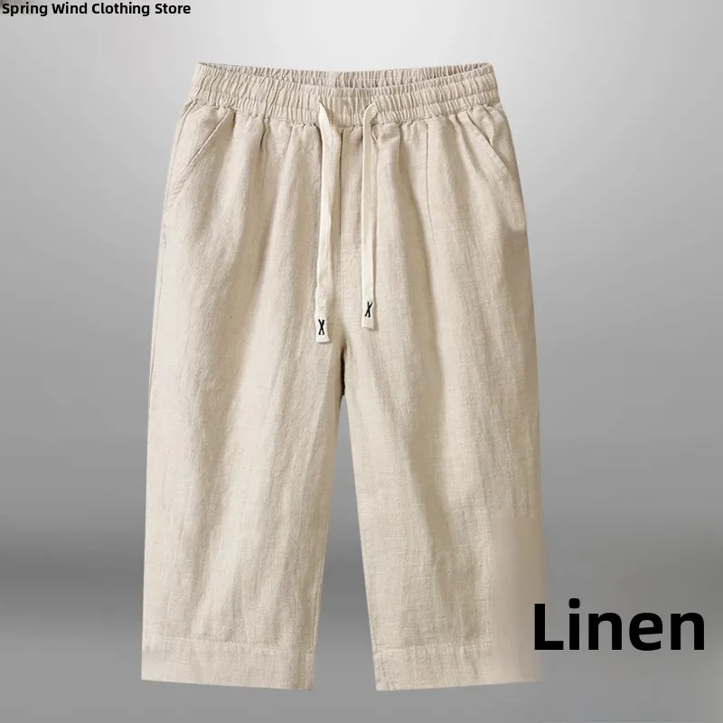 

Men's Cotton Linen Seven-Foot Pants Summer Vintage Thin Casual Straight Tube Silk Long Pants Khaki Color Straight Le...
