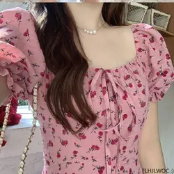 Korean Chic Dress Elegant Temperament New 2023 Woman Japan Floral Print V Neck A Line Lace-Up Bow Tie Retro Vintage Cute Dress