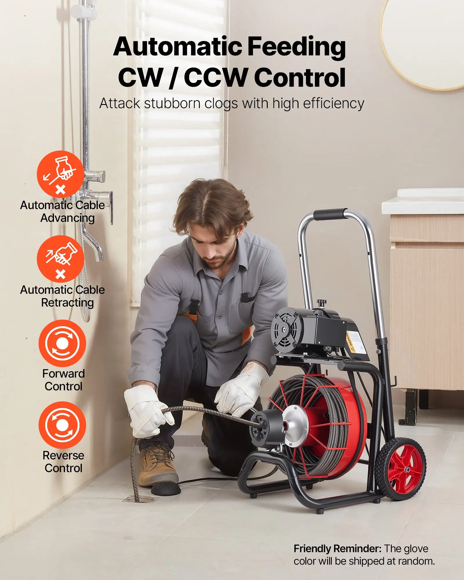 Drain Cleaner Machine 100 FT X 1/2 Inch, Auto Feed Sewer Snake Auger On Wheels - With 8 Cutters & Air-Activated Foot Switch For 2" To 6" Pipes