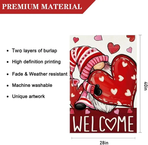 Heart House Flag 28 X 40 Inch Gnome with Heart Decorative Double Sided Flag for 7445044784708 AAV hhz
