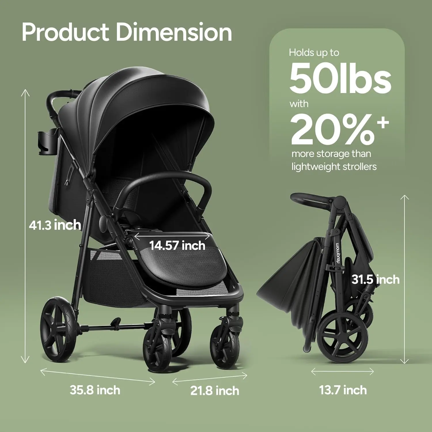 Baby Stroller for Toddler, Infant & Newborn | Spacious Seat & Lie-Flat Mode | Compact One-Hand Fold, UPF 50+ Canopy