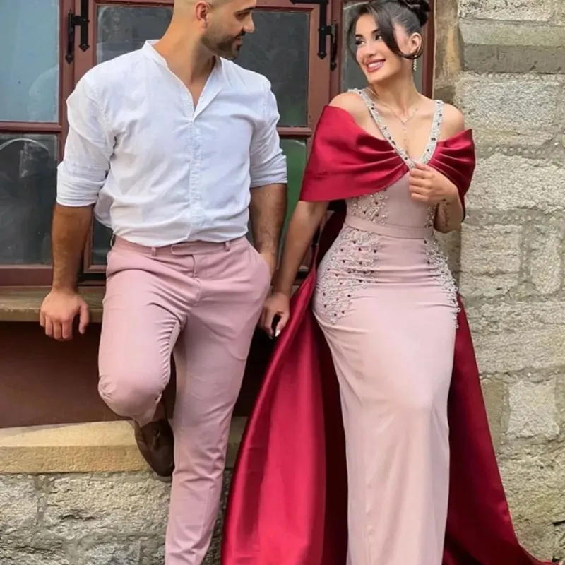 Aleeshuo Luxury Arabic Pink Burgundy Mermaid Evening Dress Beading Appliques Spaghetti Strap Formal Women Prom Party Gowns 2024