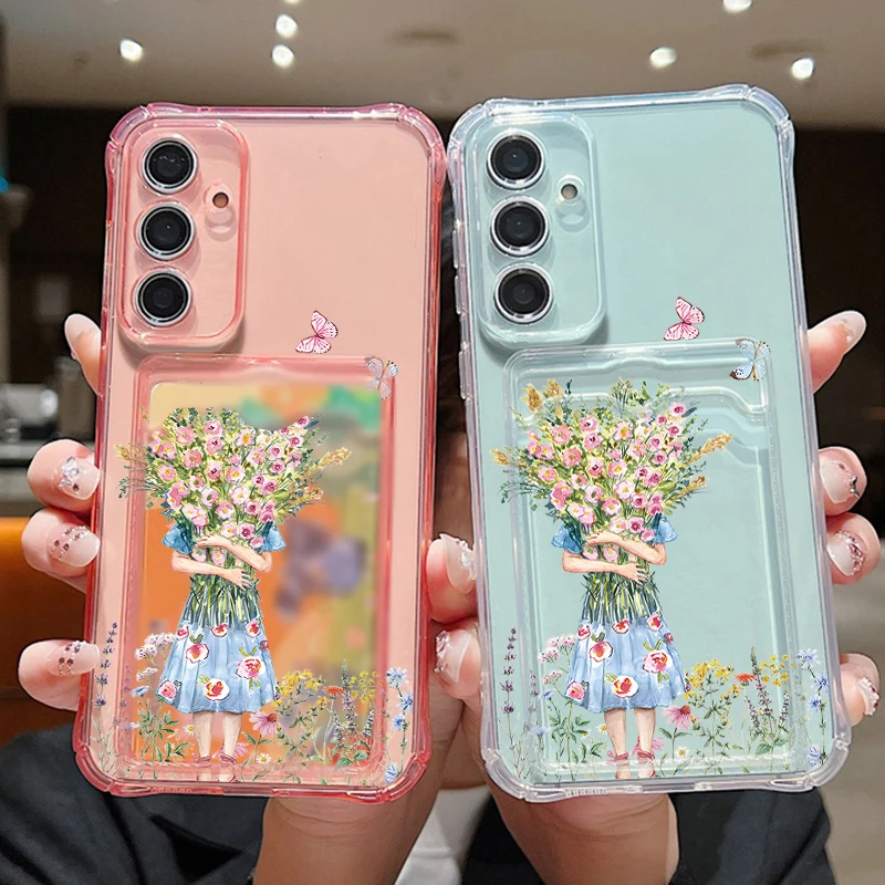 

For Samsung Galaxy S24 S23 S22 Ultra S23 Plus S24 FE A55 A54 A53 A52 A35 A34 A15 A14 A16 Card Bag Case Clear Flowers Phone Cover