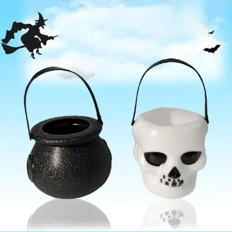 Halloween Skull Witch Cauldron Candy Jar Plastic Hanging Decor Party Candy Storage Bucket Prop Creative Ornament Supplies