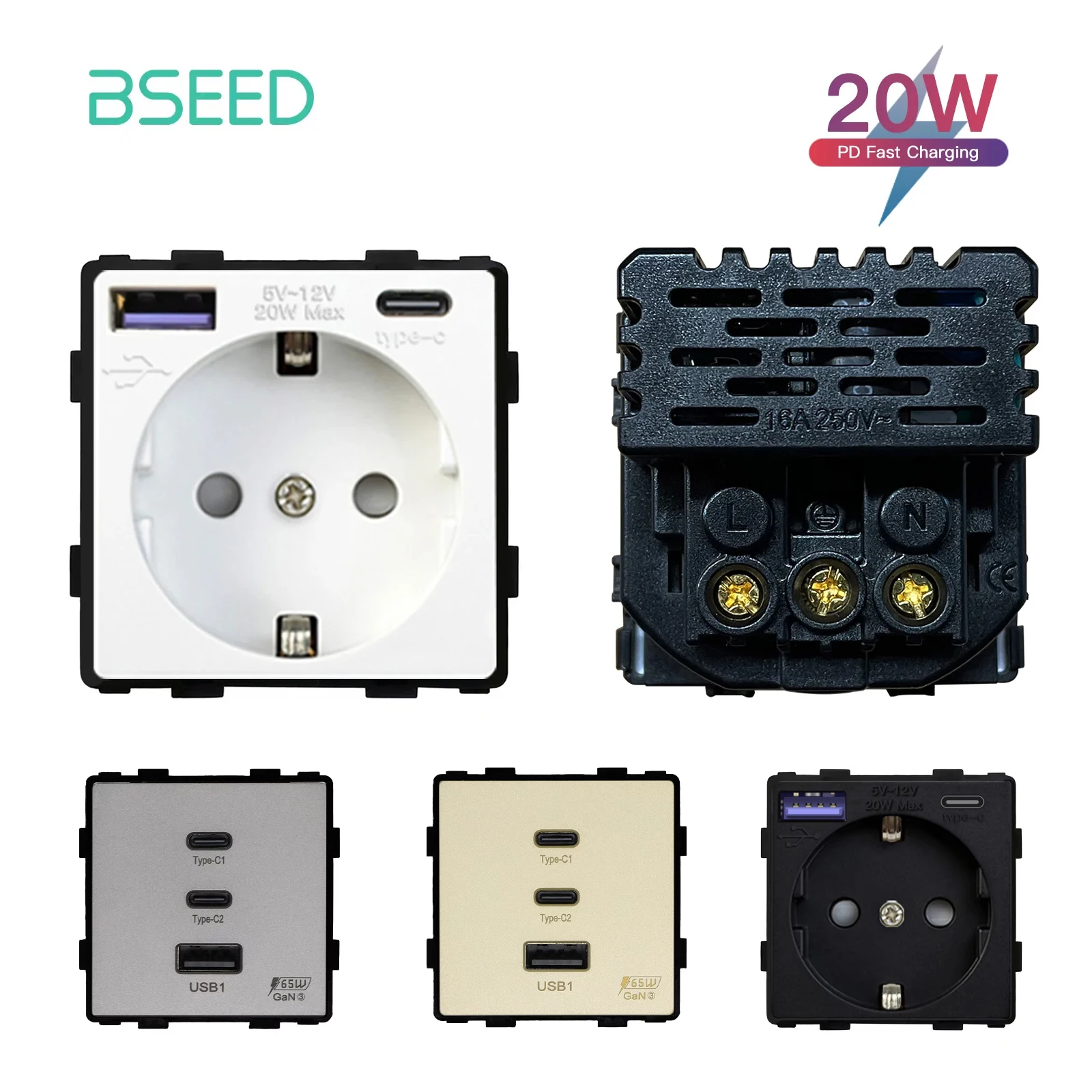 BSEED PD Fast Charge USB Socket Type-c 20W Module Part Phone Charge EU Standard Wall Socket DIY Function Key Without Frame