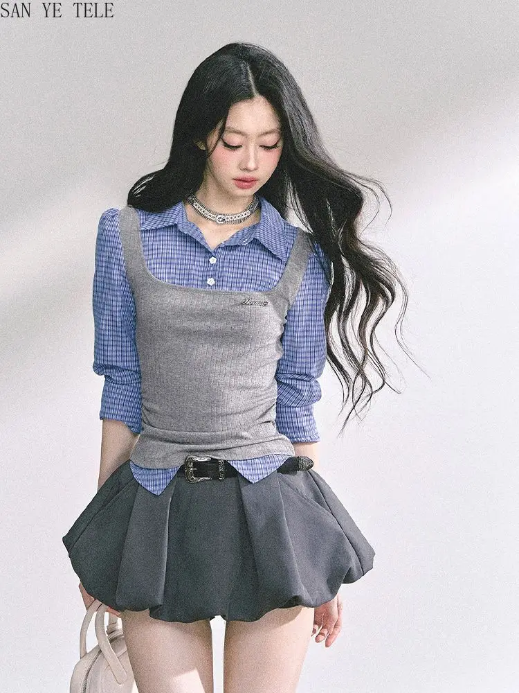 Fake Two-piece Patchwork Checkered Shirt+flower Bud Skirt Two-piece Set Women Fall 2025 Long Sleeve Fashion Cute Preppy Style