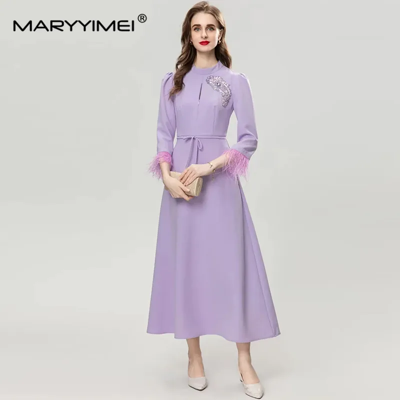 MARYYIMEI Fashion Women\'s New Vintage Three Quarter Sleeved Feather Fringed Beaded Sequin Lace-Up Office Lady Elegant MIDI Dress