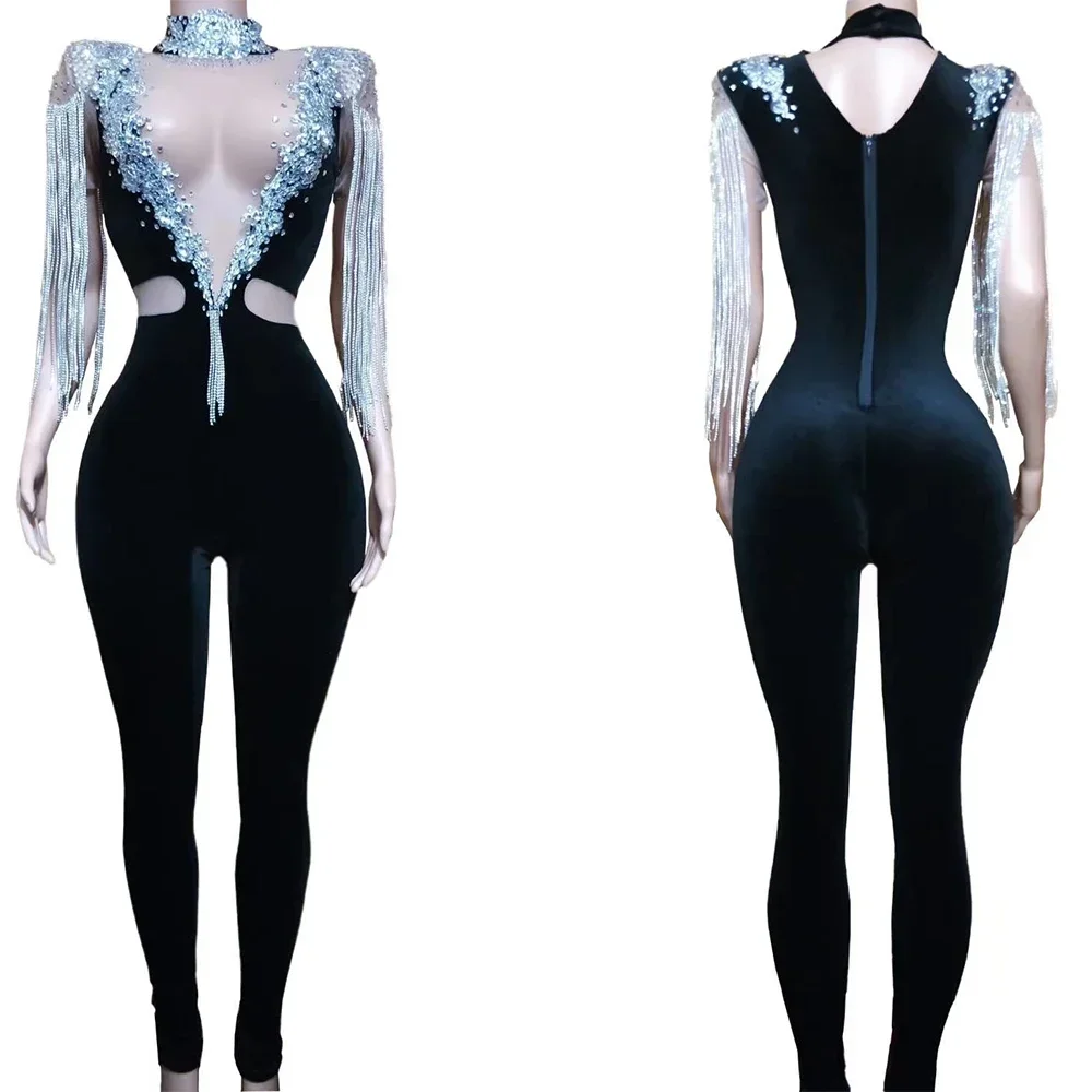 

Women Sparkling Rhinestones Sleeveless Fringes Hollow Out Jumpsuits Stage Lady Nightclub Stretch Bodysuits 2025 New Year