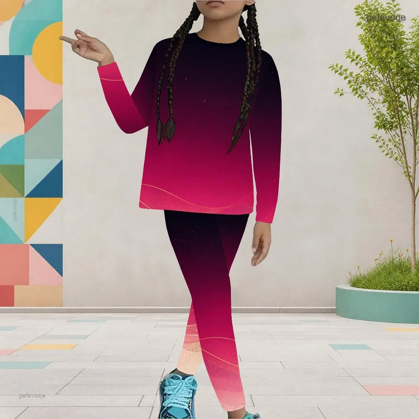 Autumn Graphic Print Girls Two Piece Set Turtleneck Gradient Galaxy Abstract Children Clothing Daily Party Wear