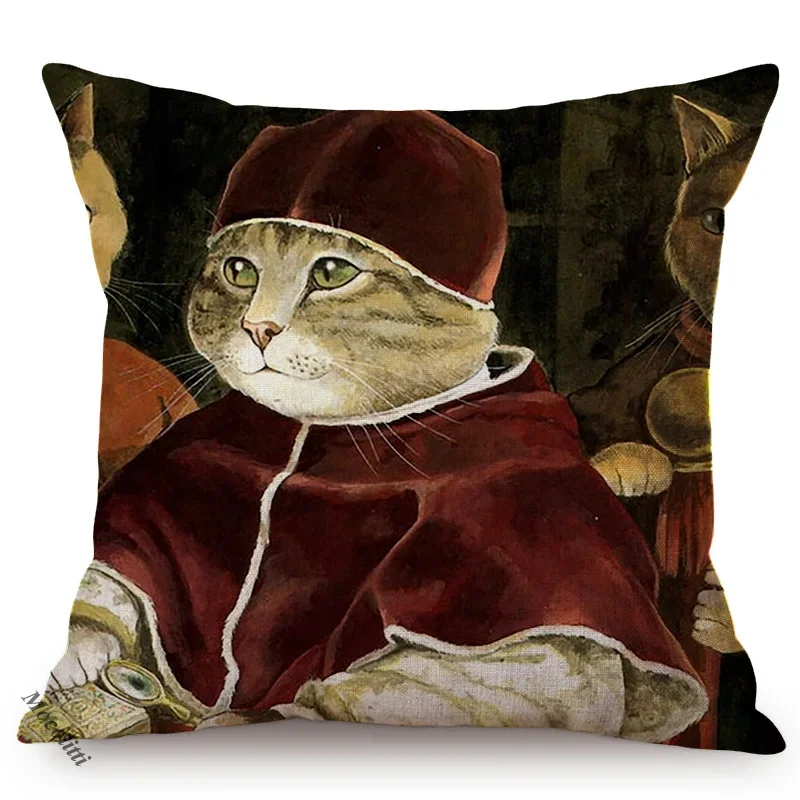 Cat Funky Animal Portrait Europe Renaissance Oil Painting Posters Style Decorative Throw Pillow Cases Linen Sofa Cushion Cover