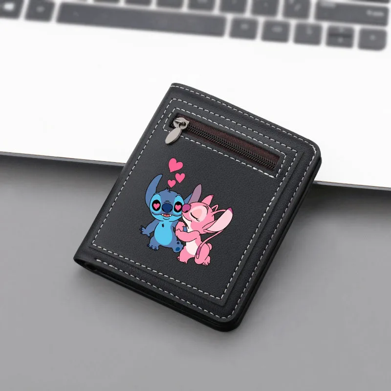 Cartera corta Disney Lilo & Stitch, monedero de cuero con cremallera de Anime Stitch para mujer, tarjeteros con ranura para múltiples tarjetas,