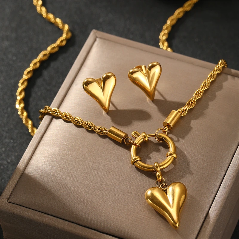 316L Stainless Steel New Fashion Waterproof Jewelry Hip-hop Love Heart Shape Charm Rope Chain Choker Necklace Earrings For Women