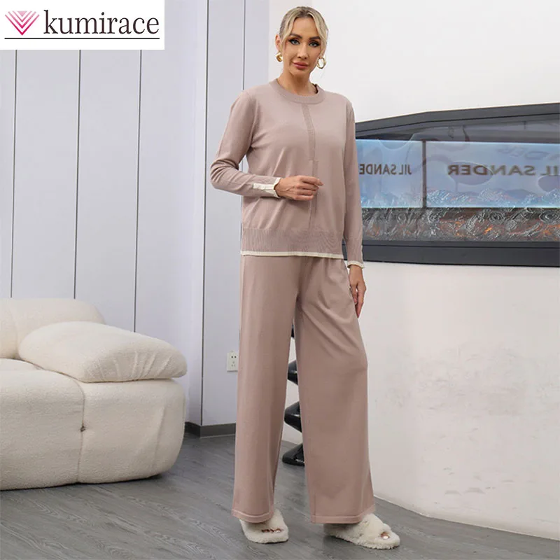 

Fashion Splicing Two Piece Set Round Neck Elastic Knitted Sweater High Waist Loose Wide Leg Pants Set Women's Wear pant sets