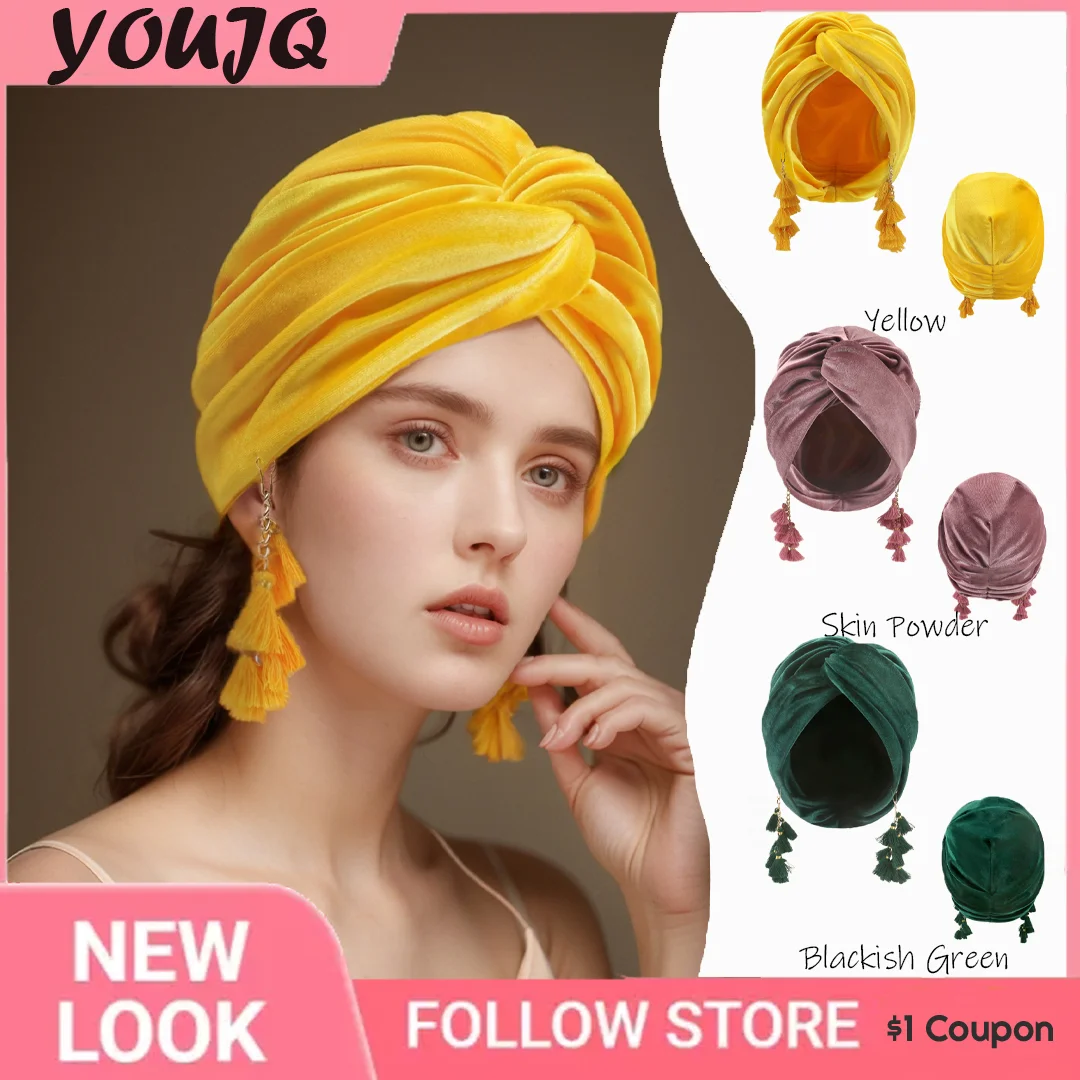 

Spring Velvet Elastic Headwrap Hat for Women - Cross Twisted Style, Bohemian with Tassels, Retro and Fashionable