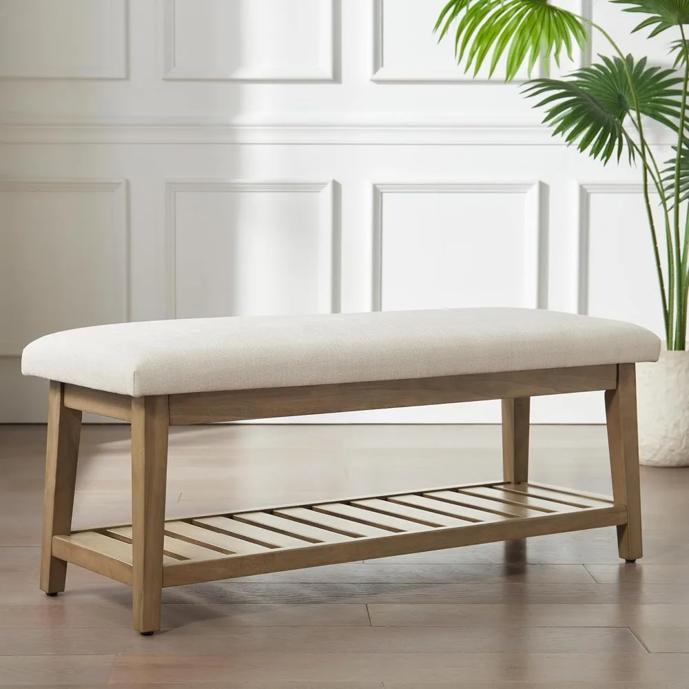 Chenille Upholstered Shoe Storage Ottoman Bench with Solid Wood Shelf for Bedroom and Hallway Entryway