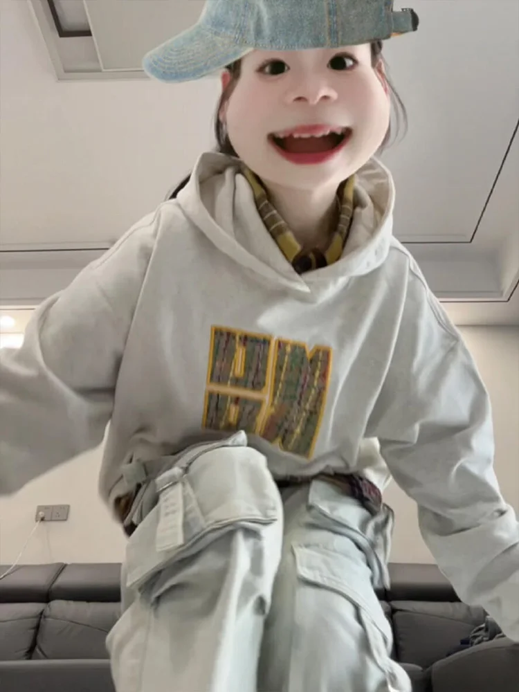 

Шикарная женская толстовка оверсайз с капюшоном белого цвета, весенне-осенний дизайн Sense American Lazy Jaet, свободный крой, длинный све, с капюшоном