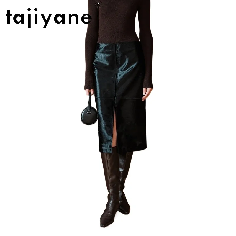 

TAJIYANE 100% Genuine Cowhide Leather Midi Skirt Woman Glossy High Waist A-line Skirts with Front Slit Spring Clothing 2026 юбка