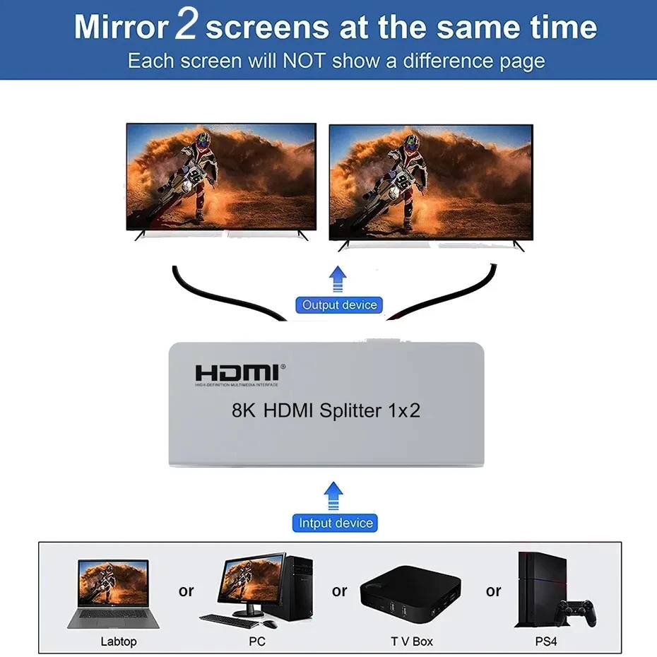 Imagem -02 - Hdmi Splitter 1x2 4k 120hz Hdmi 2.1 Splitter em Saída Distribuidor de Áudio e Vídeo Hdr 3d para Ps5 Ps4 Câmera pc para tv Monitor 8k60hz Hdmi Splitter 1x4 Hdmi2.1 Hdr 3d Audio Video Converter in Out 4k 8k