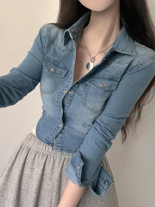 Chaqueta Corta de Mezclilla de Estilo Coreano Retro con un Solo Botón para Mujer, Moda Otoñal, Talla Pequeña, Juvenil, Manga ...