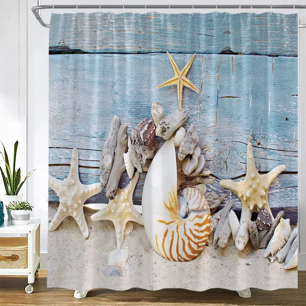 Vintage Wood Starfish Shower Curtain Nautical Shell Conch Beach Bath Curtains Modern Home Wall Hanging Bathroom Decor Sets Hooks