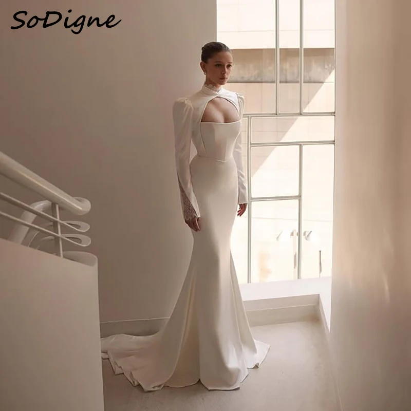 

SoDigne Mermaid Simple Wedding Dresses Full Sleeves Satin/Lace Bridal Dress Long Beach Wedding Gown Robe De Mairee ﻿Customized