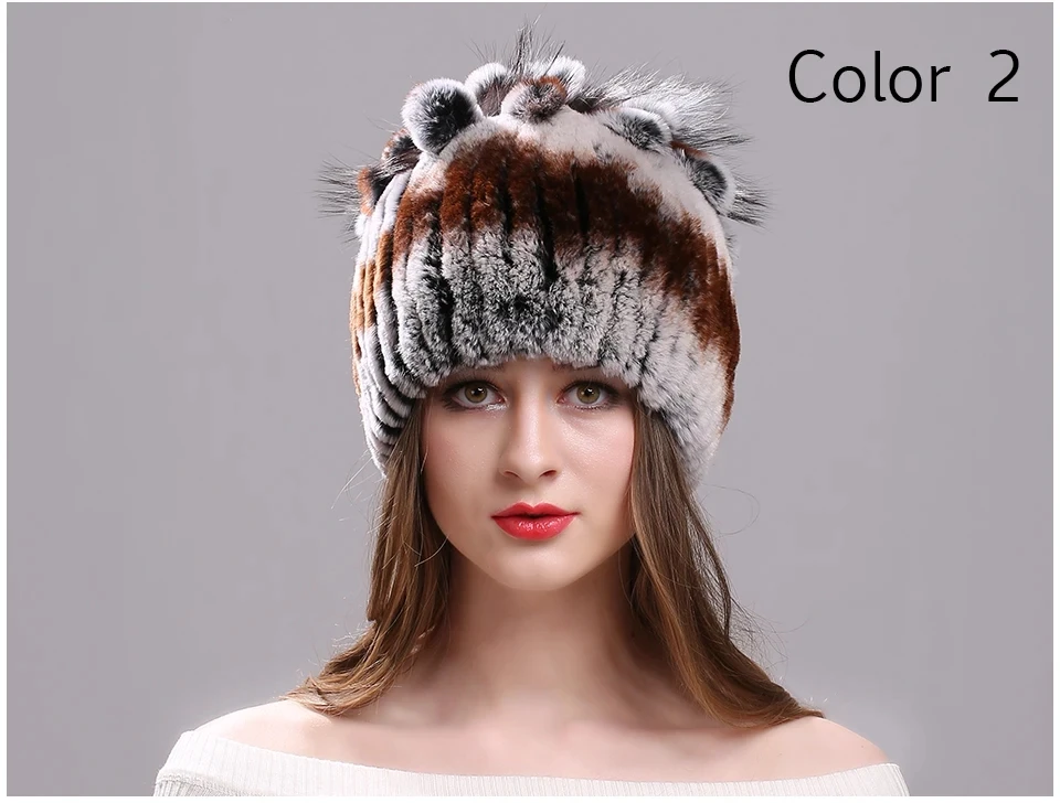 Strickmütze für Damen, 100 % echte Rex-Kaninchenfellmütze mit Blumen, Oberteile, warme, hochwertige Beanie-Damenmütze aus echtem Pelz für den Winter – Detail 11