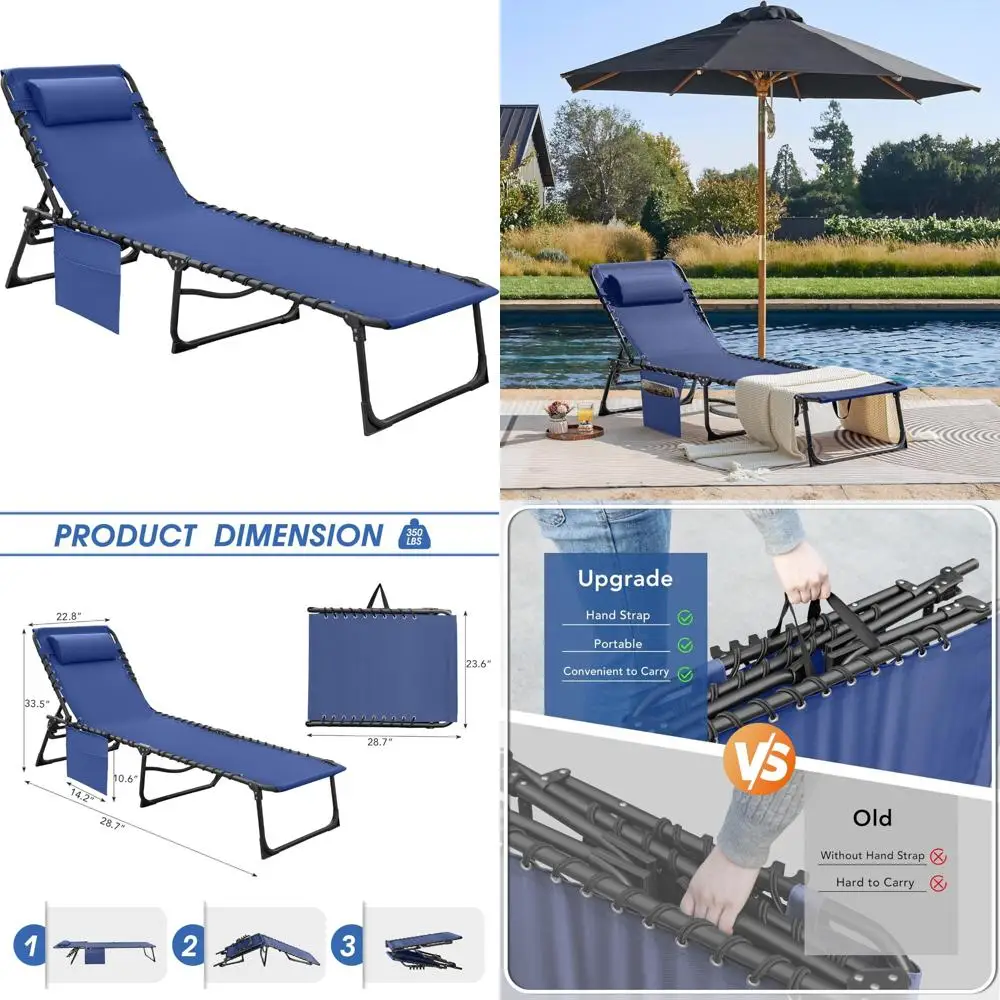 

Adjustable 5-Position Folding Chaise Lounge Chair for Outdoor Sunbathing, Pool, and Beach with Side Pocket