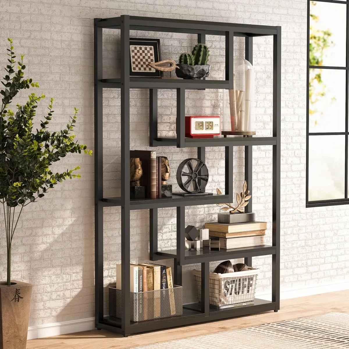 6-Shelf Modern Bookshelf Set of 2, Industrial Etagere Bookcase, 69-Inch Tall Storage Display Staggered Shelves with Sturdy Metal