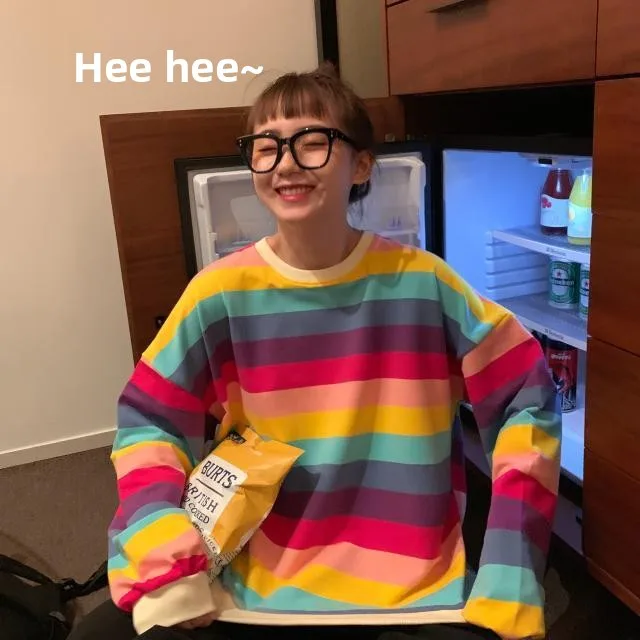 Spring Autumn Thin Women's Rainbow Stripes Long Sleeve Loose Lazy Style Internet Famous T-shirt Female Top Outdoor Wear