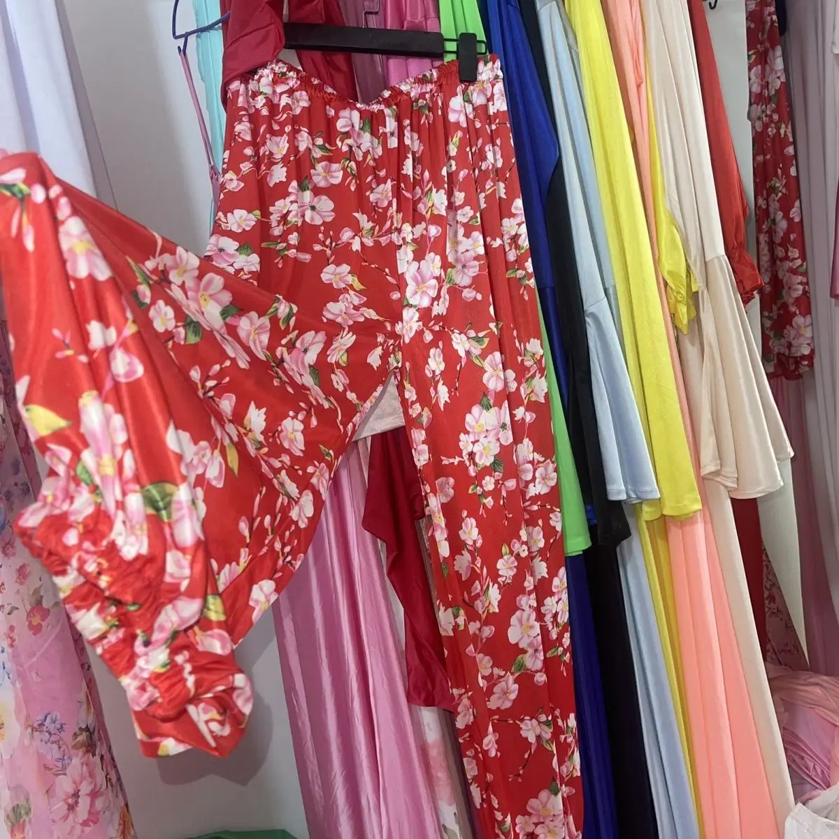 Plus Size Men Women Silky Touch Lantern Pants Red Floral Print Glossy Ice Silk Smooth Elastic Soft loose sleeping Trousers