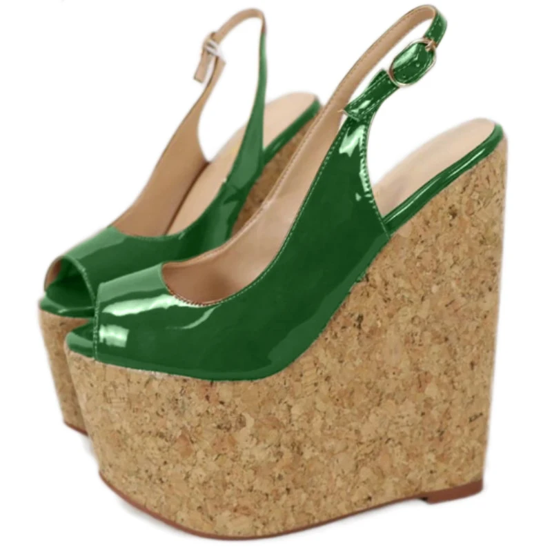 

DIZHUANG Fashionable women's high-heeled sandals. Green leather sandals. About 20cm heel height. Wedges sandals Platform sandals