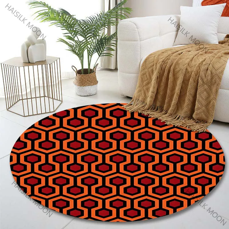 1PC Hexagonal Orange and Red Pattern Print Round Carpet for Living Room Bedroom Sofa Table Floor Mat Area Rug Luxury Gift
