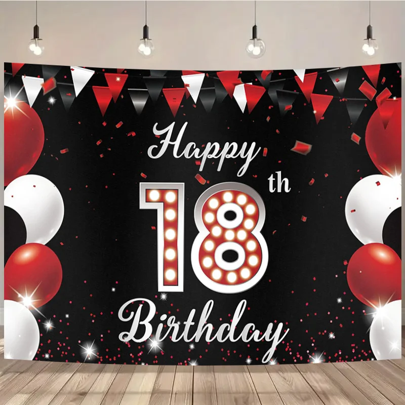 18歳のお誕生日おめでとう！-赤い風船のポリエステル背景、きらめくライト、紙吹雪と風船、完璧な誕生日パーティーの装飾